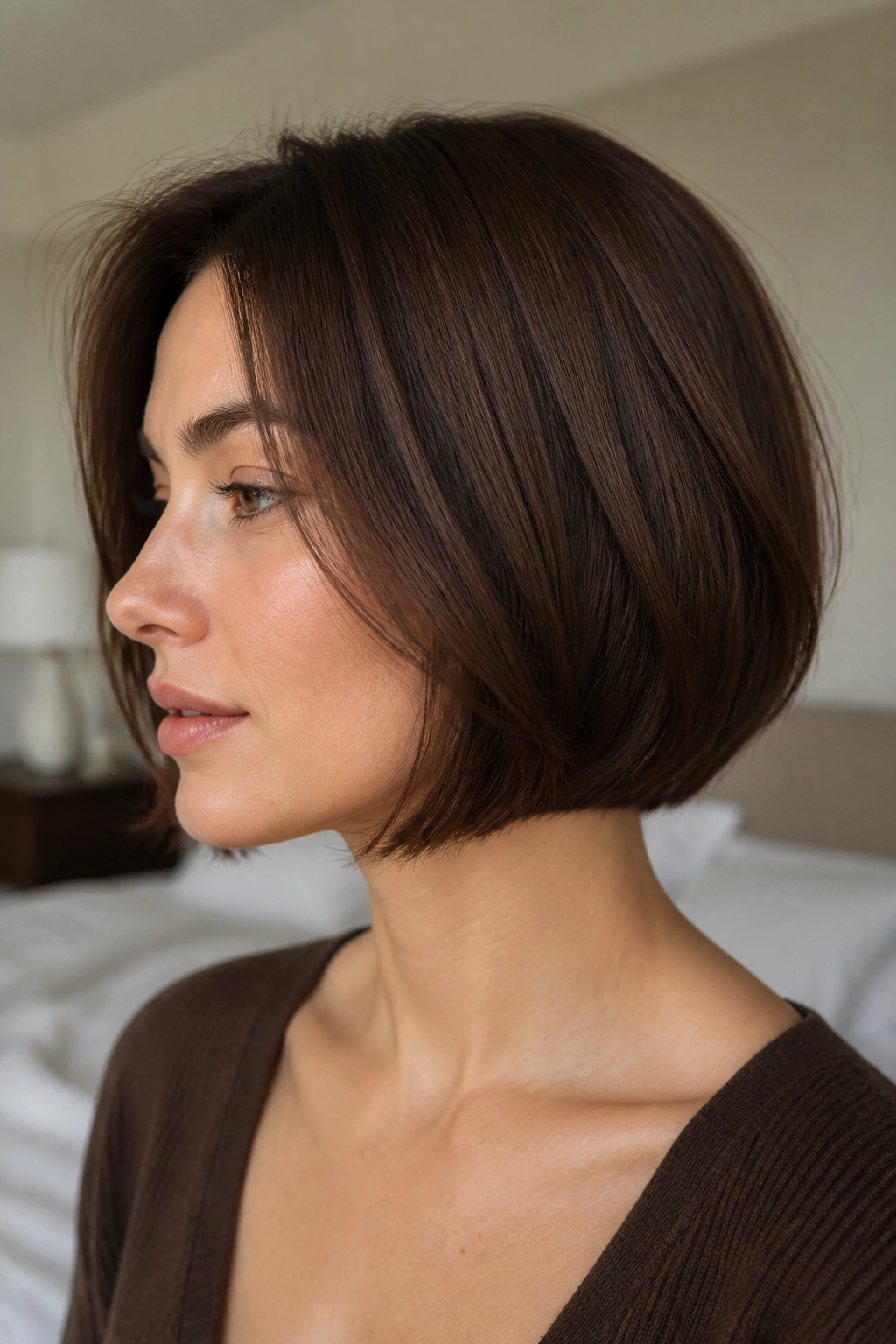 Close-up of a real woman with rounded bob and interior layers in cocoa brown