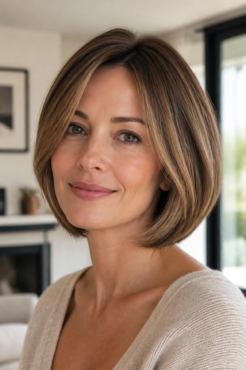 Close-up portrait of a real woman with the rounded bob and soft internal layers in bright daylight