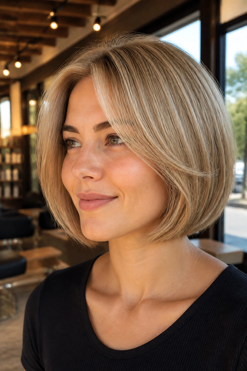 Close-up of a real woman with a rounded bob featuring subtle internal layers in soft blonde hair