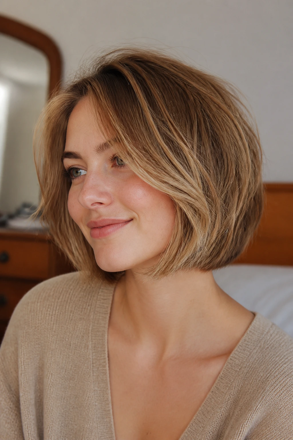 Close-up of a real woman with a rounded bob featuring light internal layers