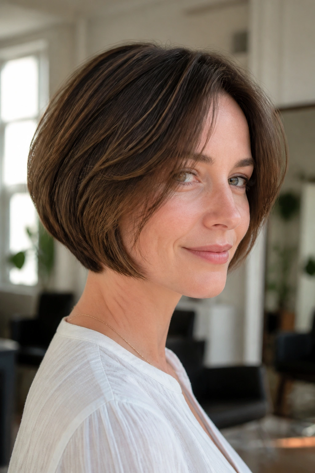 Close-up portrait of a real woman with a rounded bob and internal layers