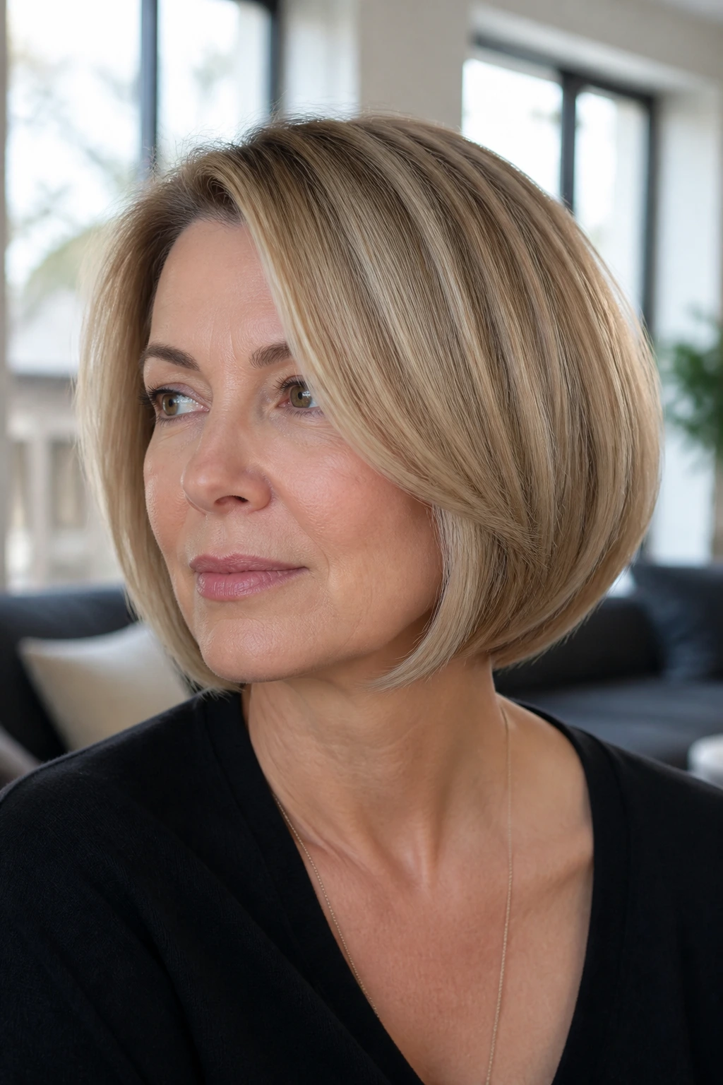 Real person with rounded bob showing internal shaping for fullness.
