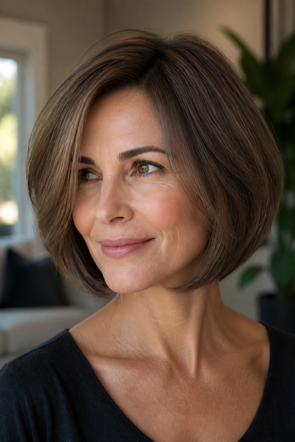 Close-up portrait of a real woman with rounded bob and invisible layers creating subtle movement.