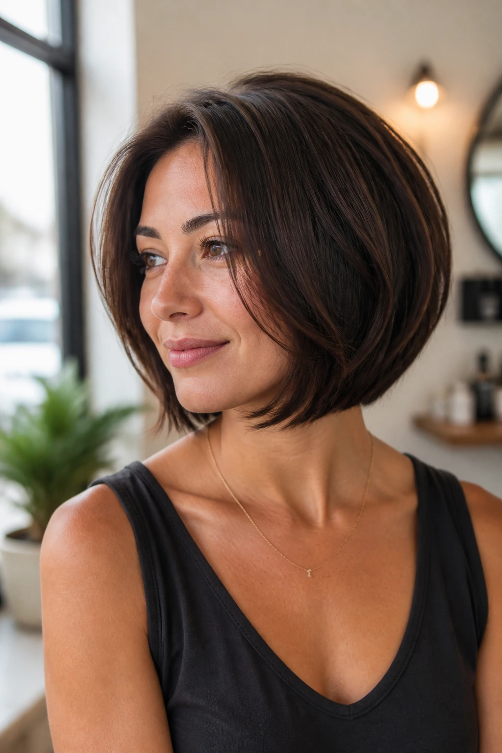 Portrait of a real woman in a rounded bob with invisible layers.
