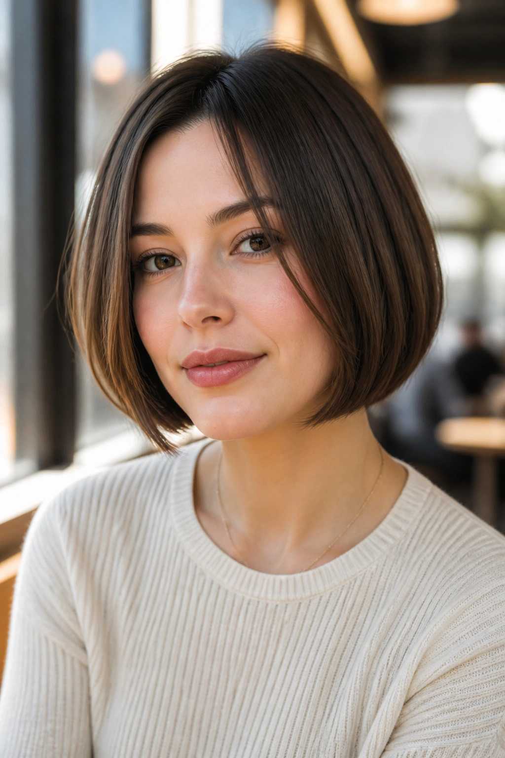 Real woman with rounded bob hugging the jawline