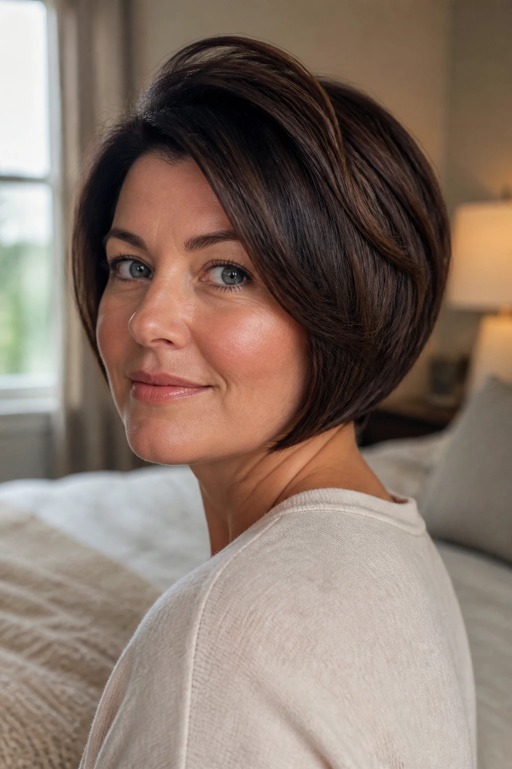 Real woman with rounded bob and crown lift in natural light