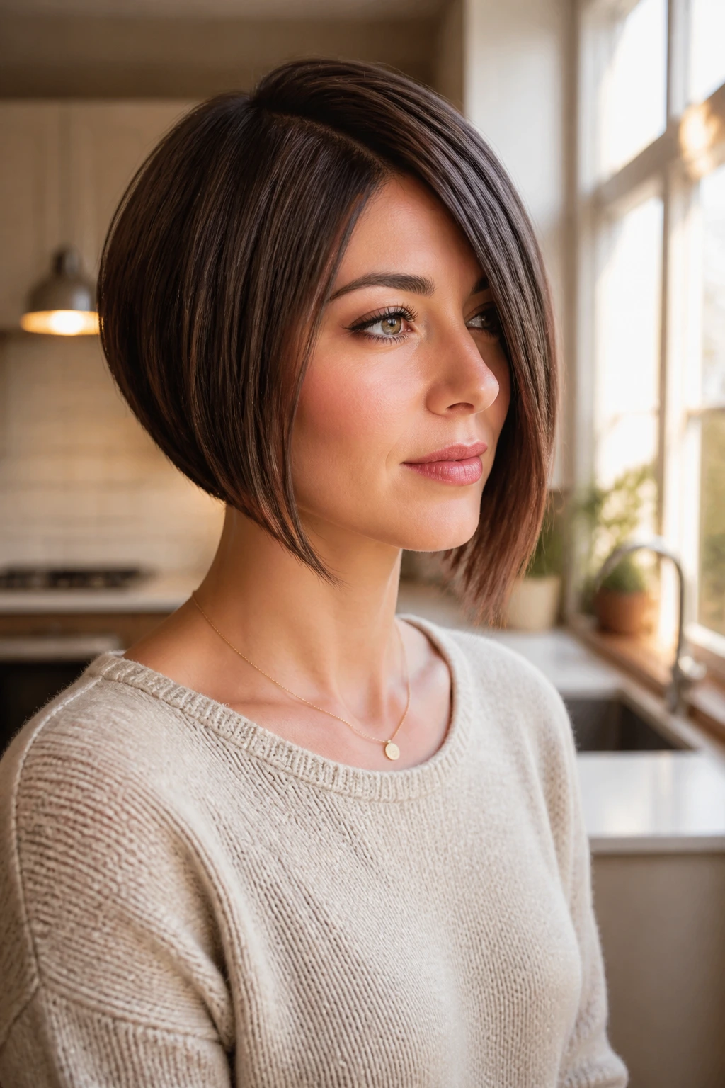 Portrait of a woman with rounded bob and longer side.