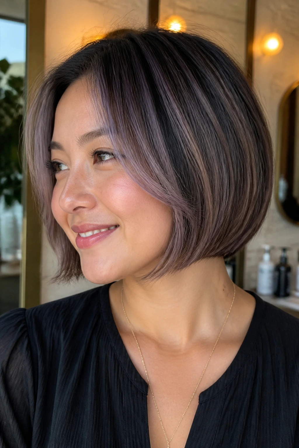 Close-up of a real person with a rounded bob and micro-babylights.