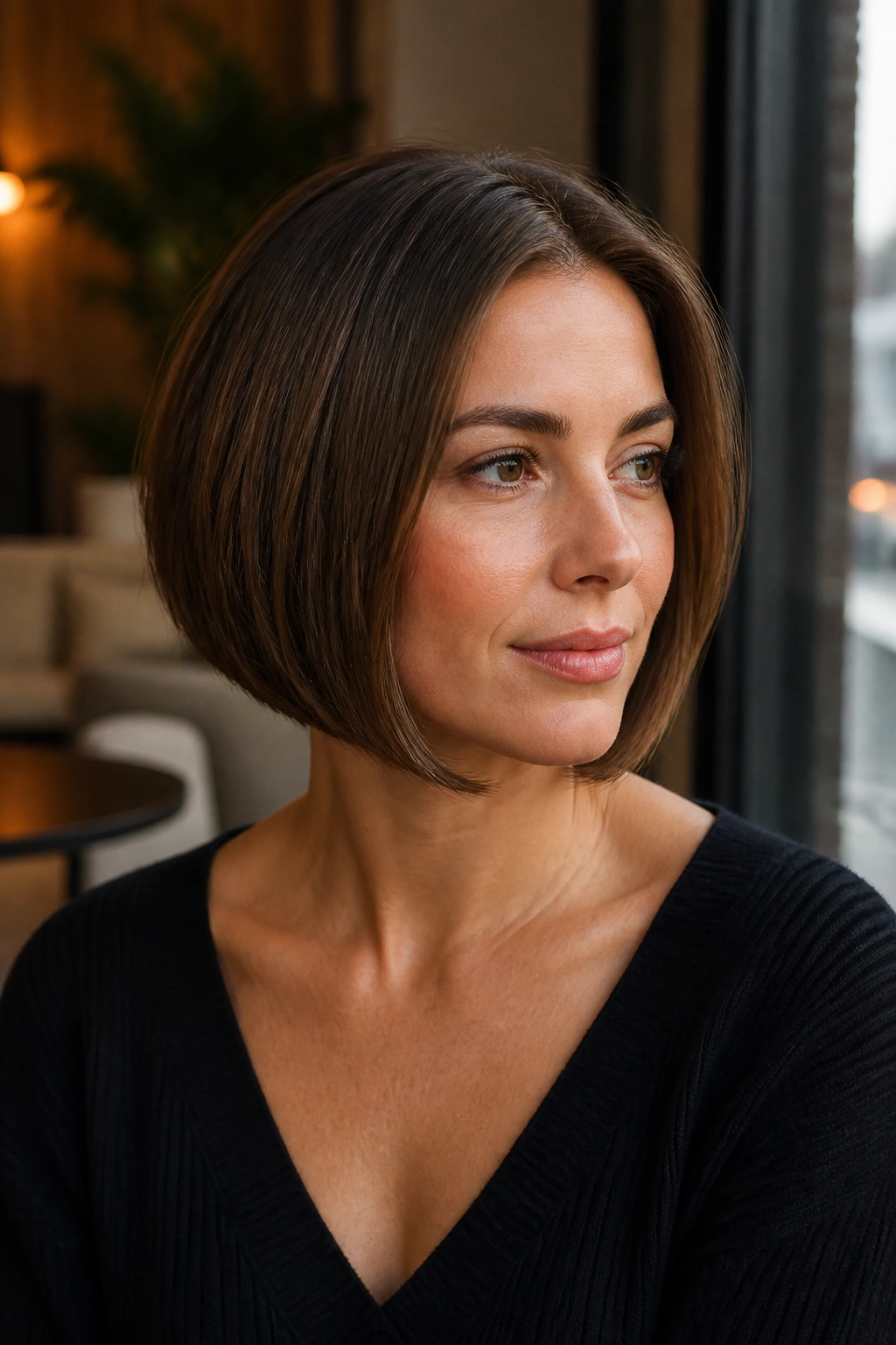 Close-up of a real woman with a rounded bob no bangs highlighting crown fullness.