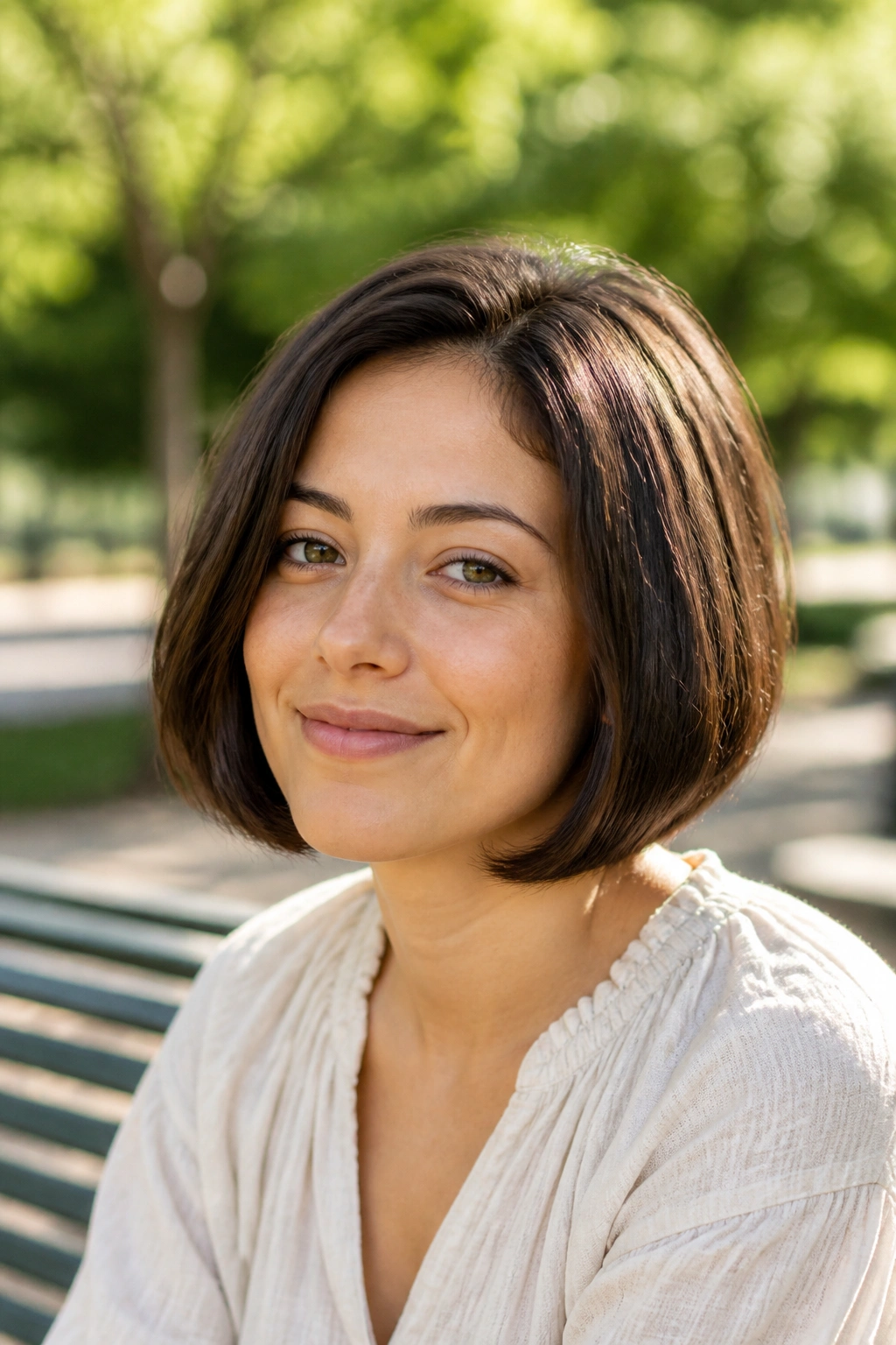 Close-up portrait of a real woman with a rounded bob in sunny outdoor light