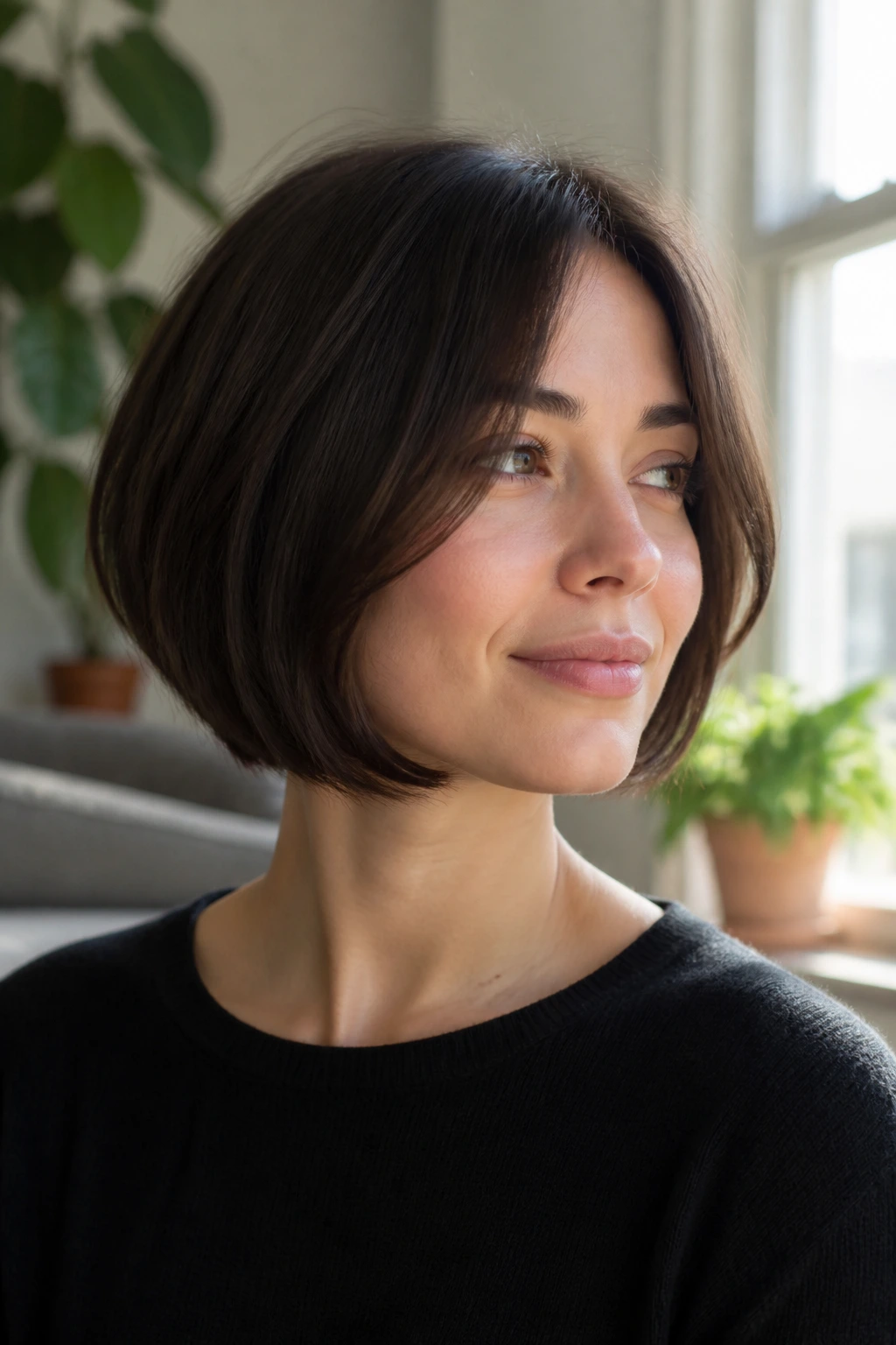 Portrait of a real woman with a rounded bob framing the face