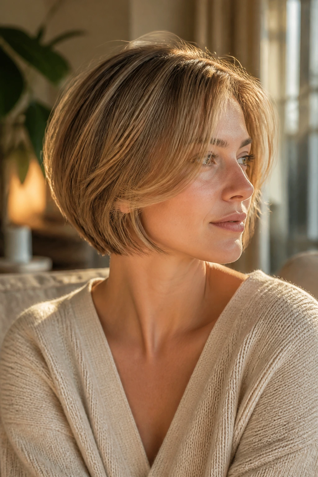 Portrait of a real woman with a rounded bob showing soft lift