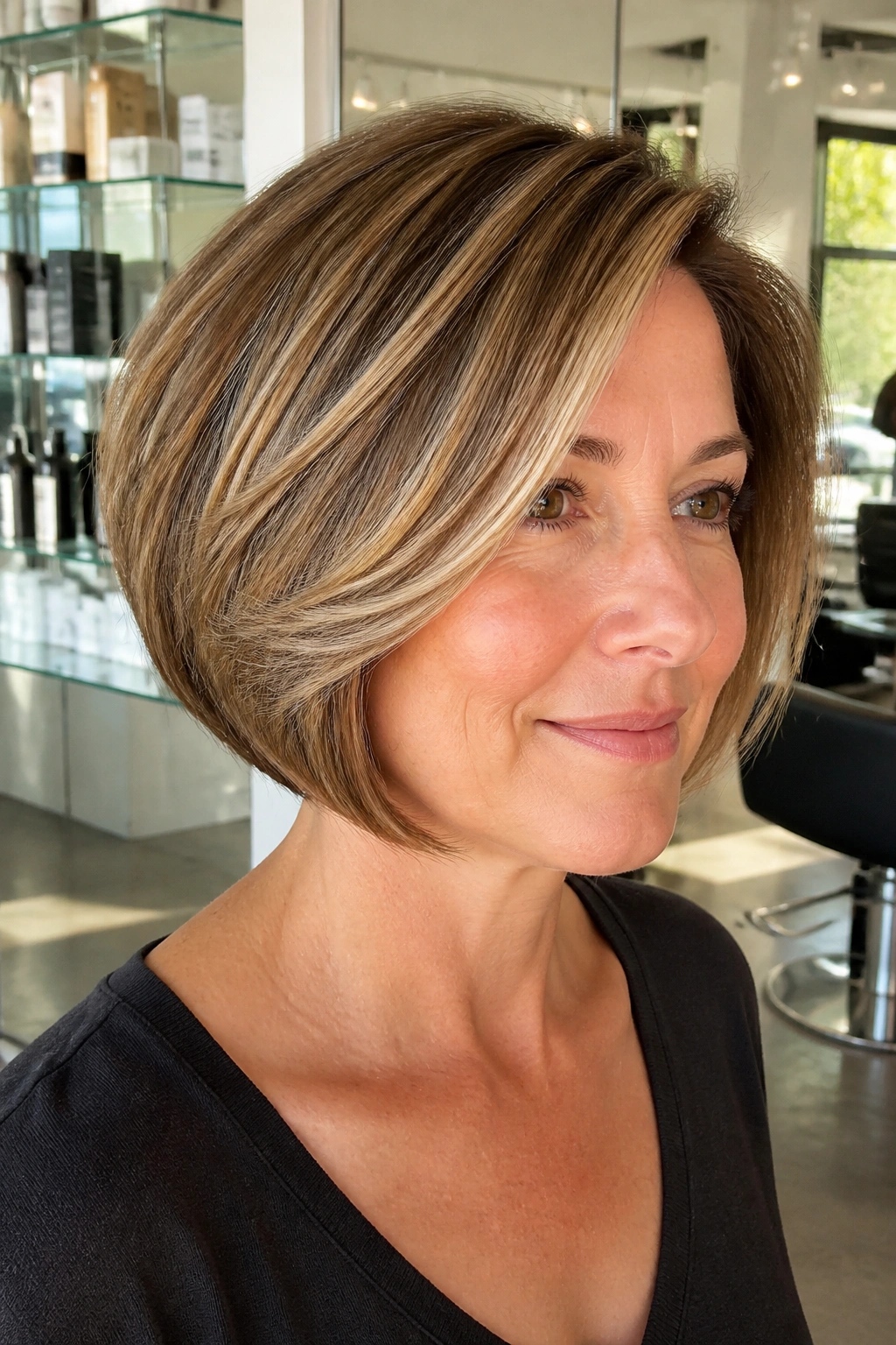 Close-up of a real woman with rounded stacked bob and side part