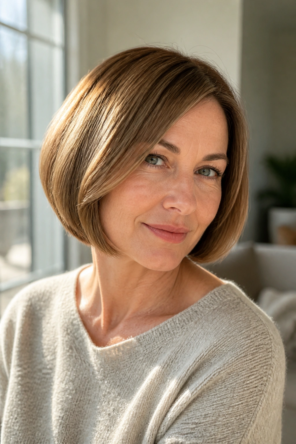 Close-up of real woman with rounded bob smooth outline