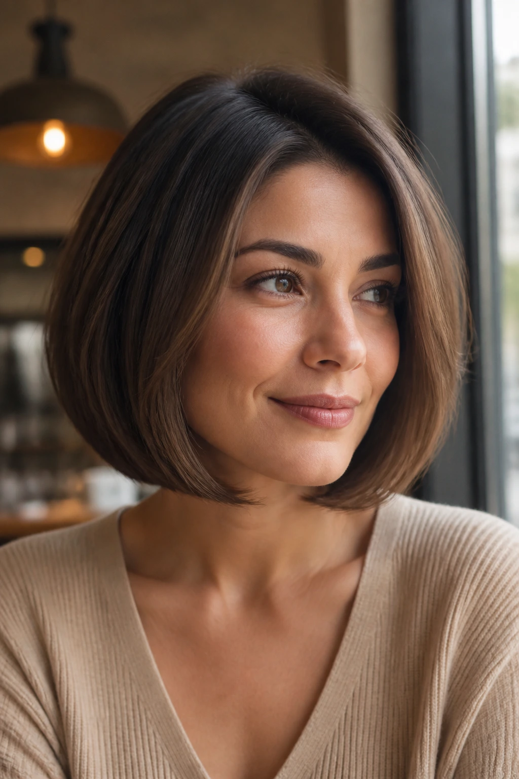 Close-up of a real woman with a rounded bob and soft curve.