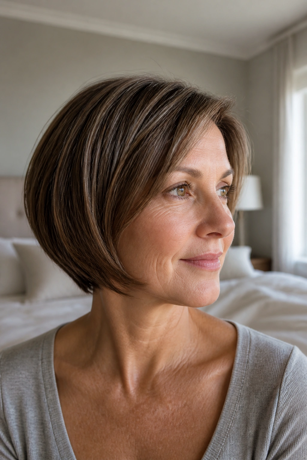 Real person with rounded bob and soft taper in cozy morning light