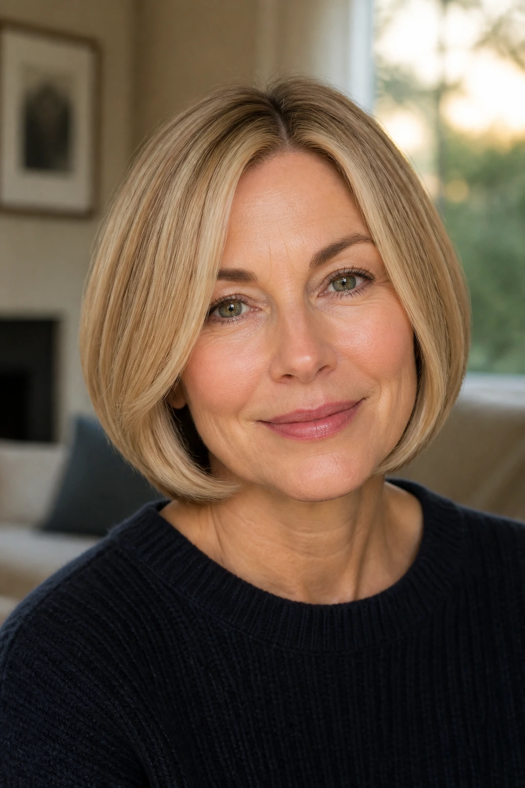 Close-up of a real woman with a rounded bob and softly tucked ends in warm living room light
