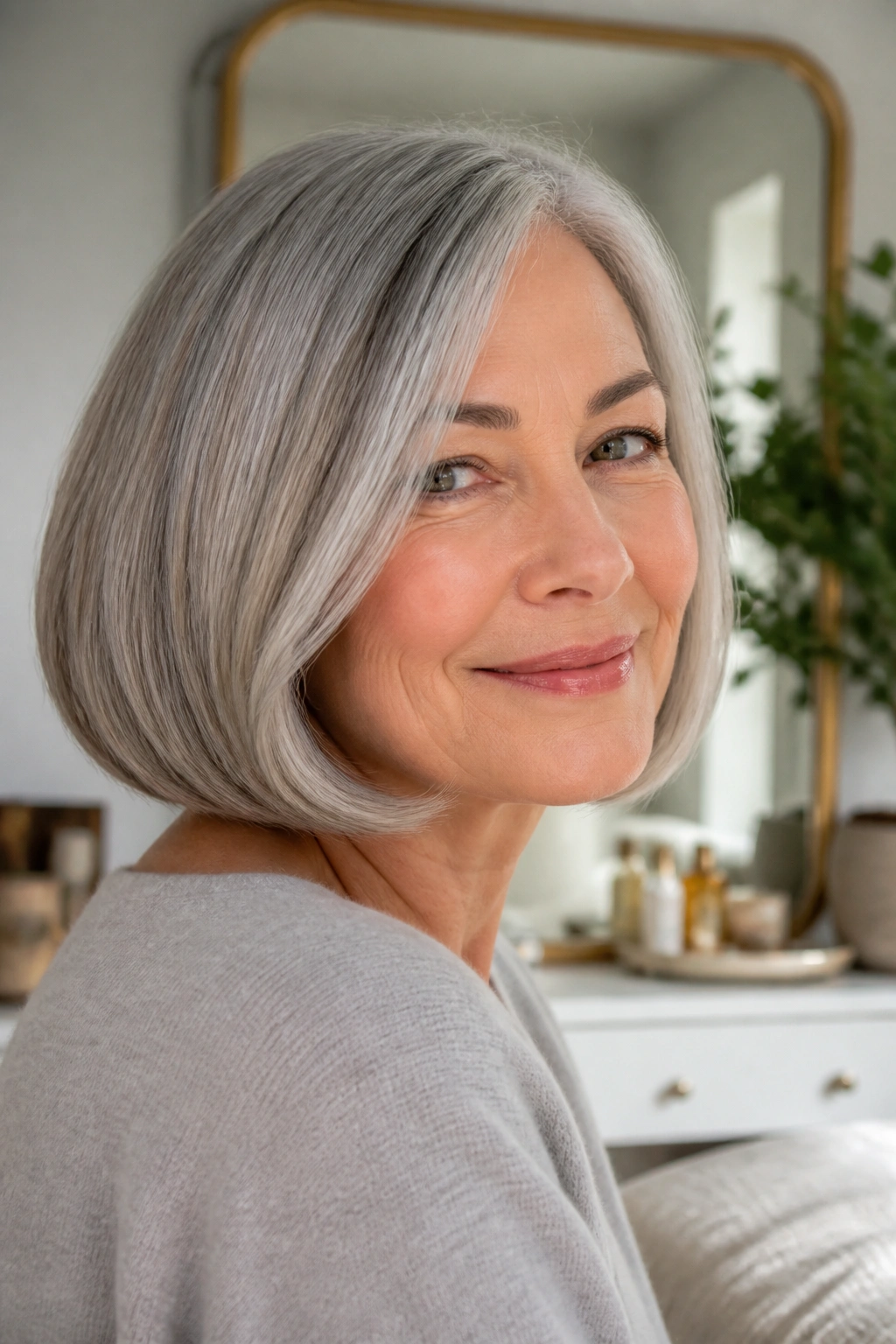 Real woman with rounded gray bob and a soft curved under-end in warm window light.