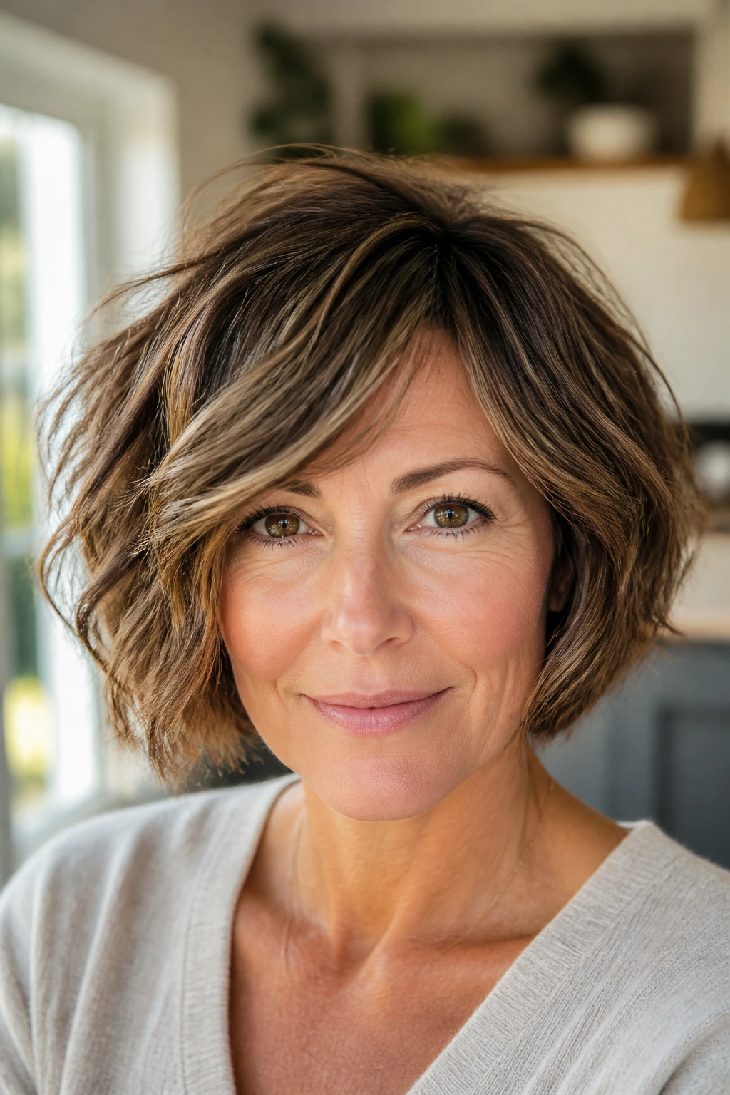 Close-up of a real woman with a rounded bob and polished texture