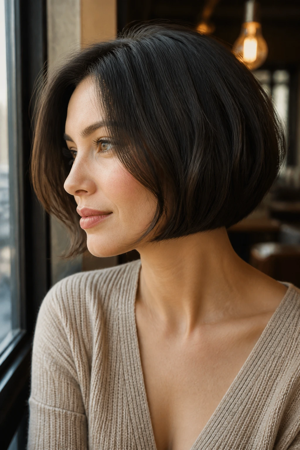 Close-up of a woman with rounded bob for thick hair