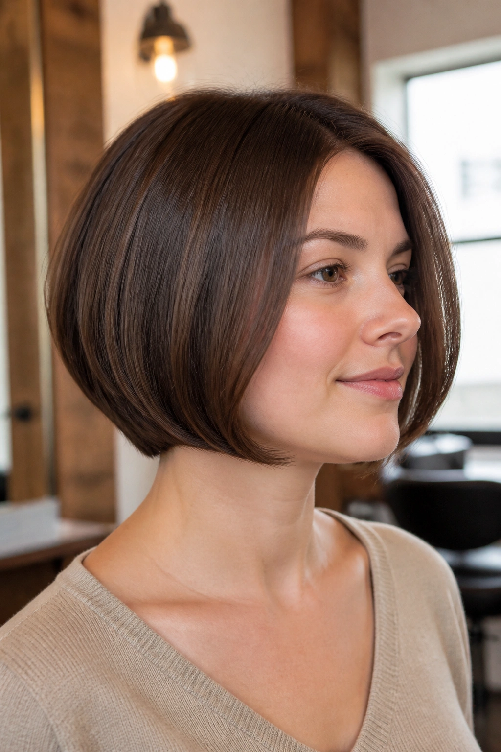 Close-up portrait of a real person showcasing a rounded bob with tucked-in ends, jawline framed.