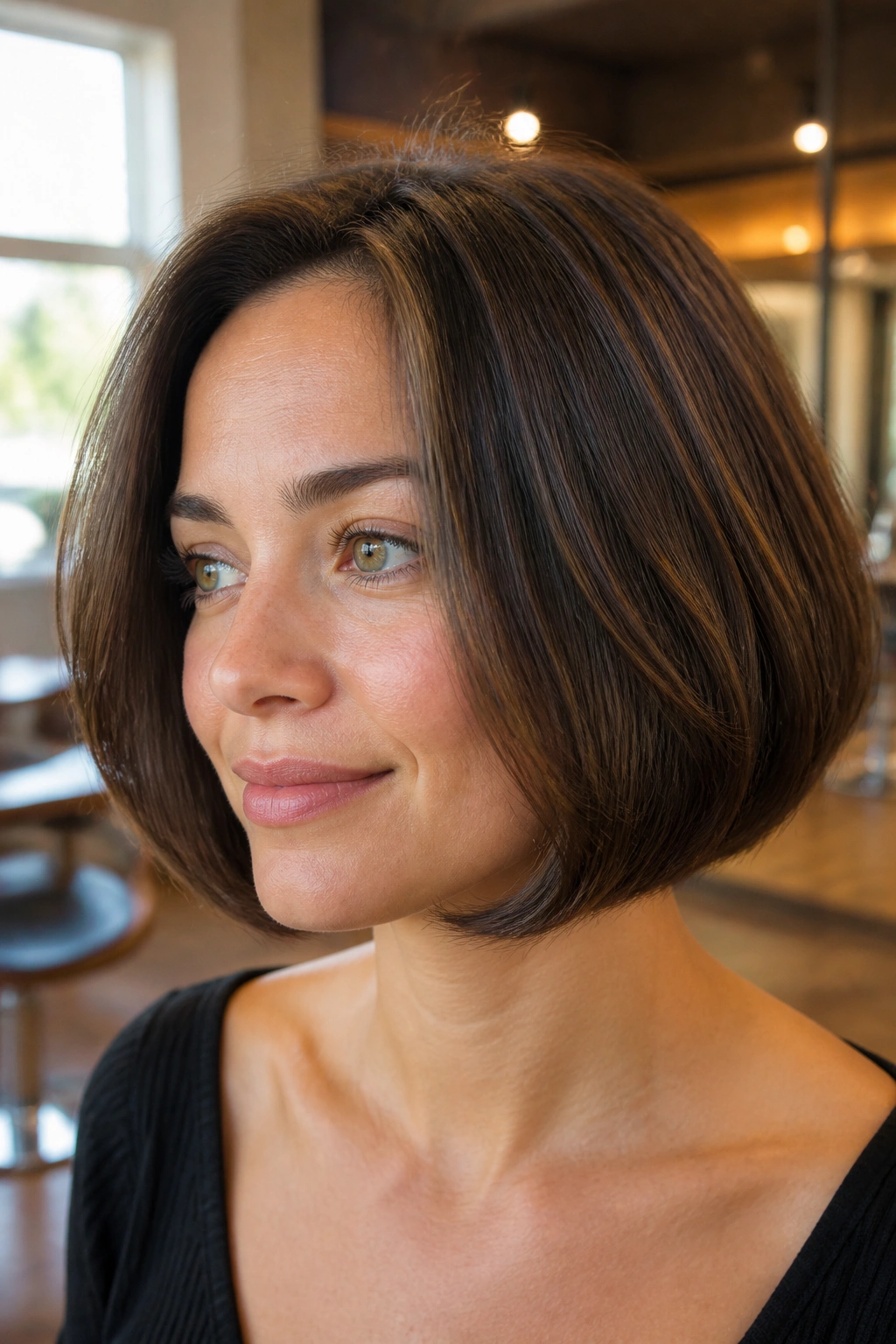 Close-up of a real person with a rounded bob and tucked ends in warm salon light