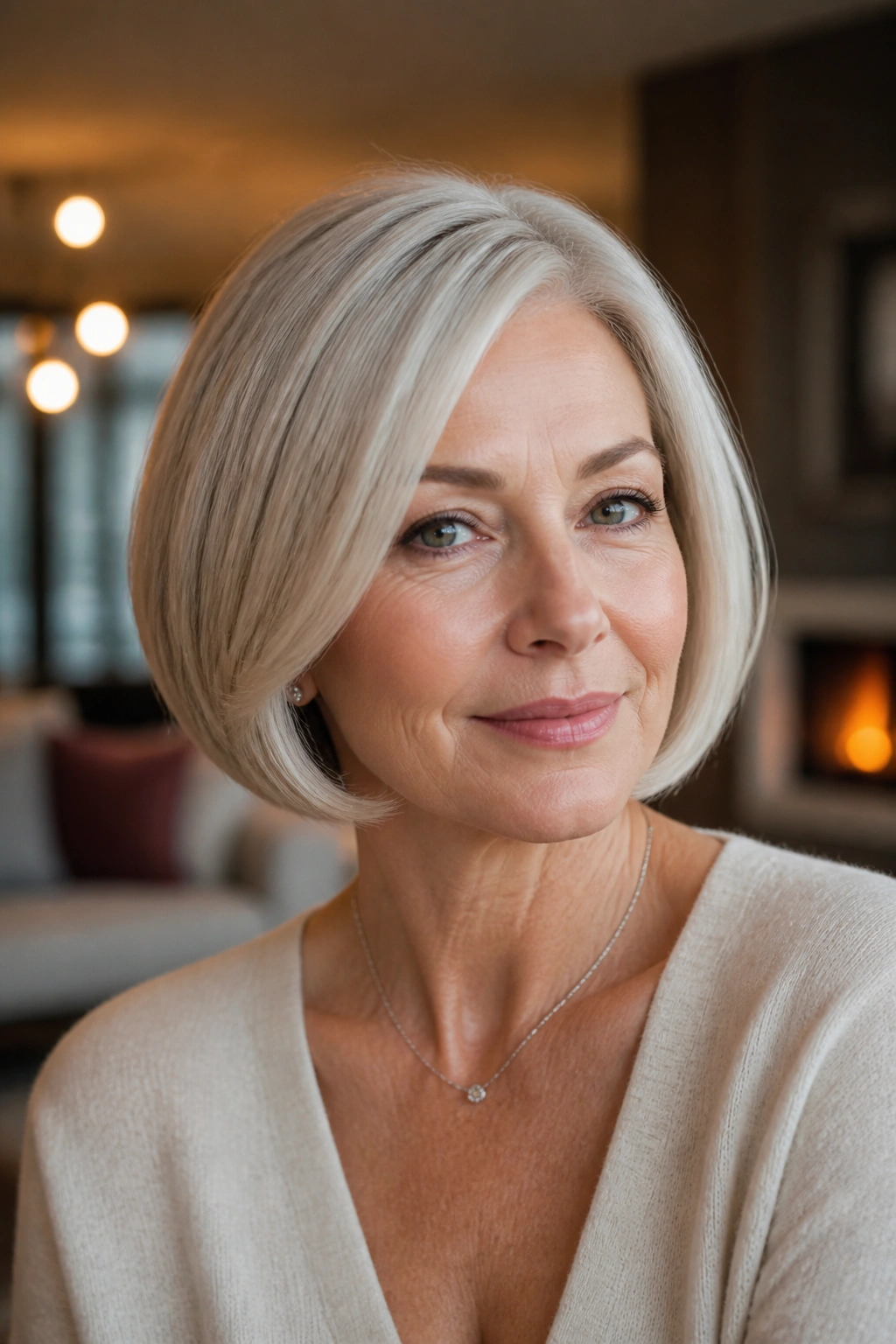 Close-up portrait of a real woman with rounded bob and tucked ends hairstyle