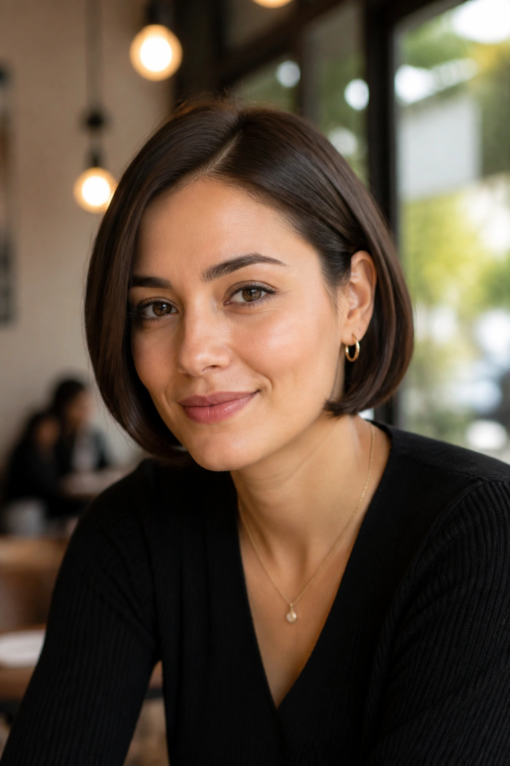 Close-up portrait of a real woman with a rounded bob and tucked ends hairstyle