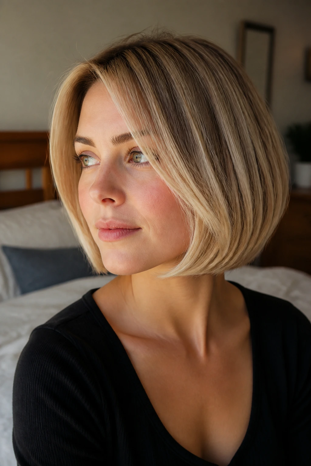 Close-up portrait of a woman with rounded bob and subtle under-curve blonde hair