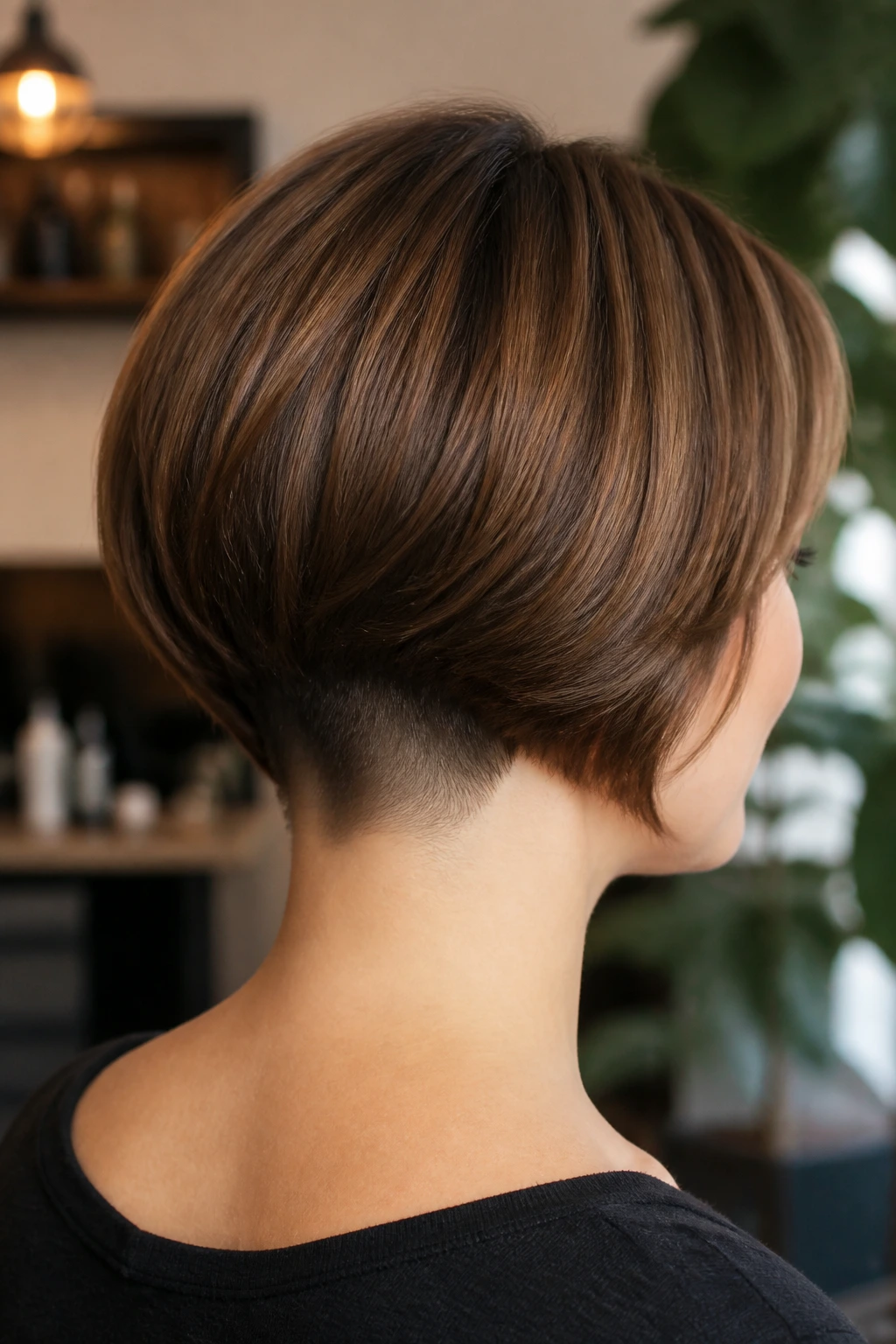 Portrait of a real person with a softly rounded bob and hidden undercut at the nape