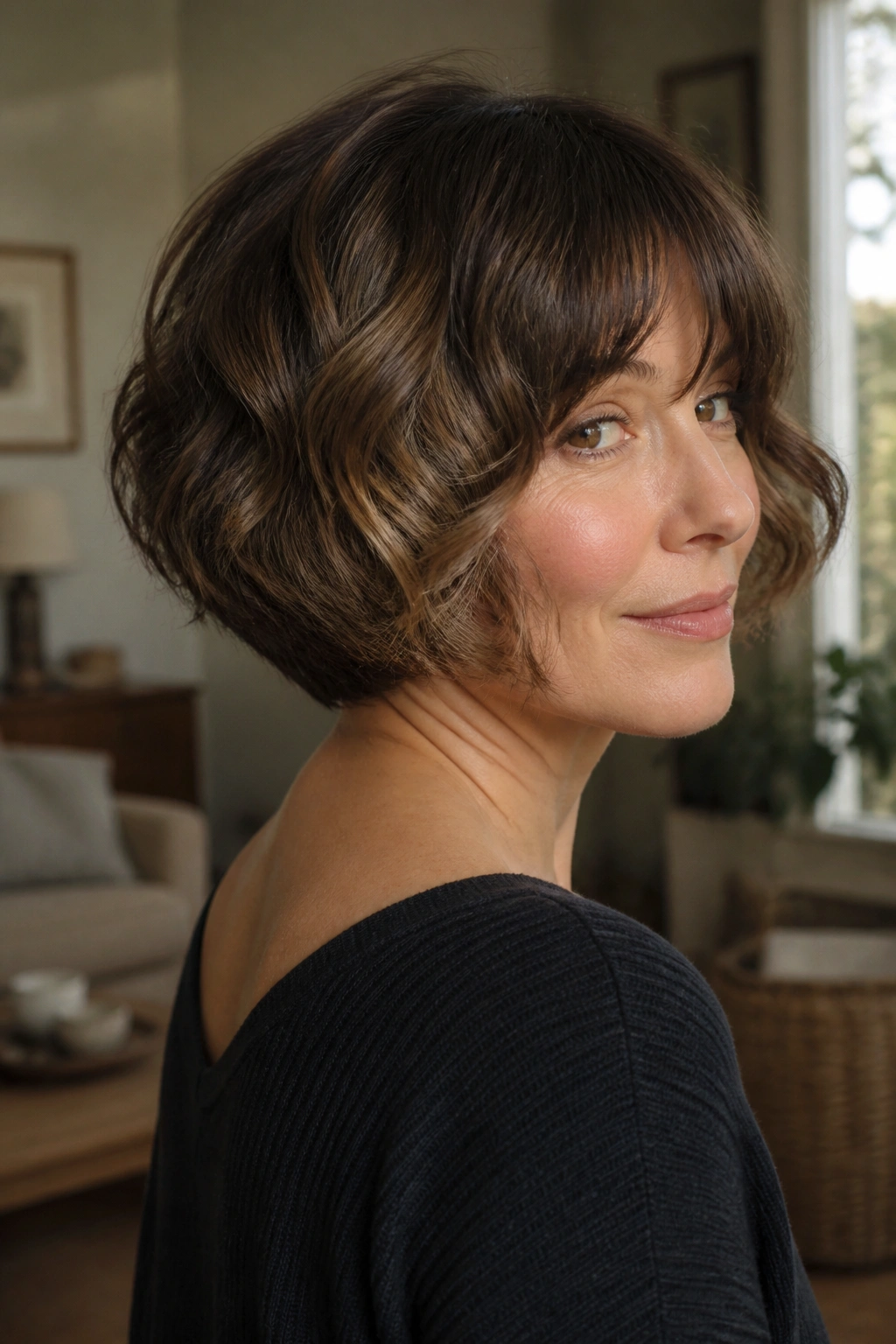 Close-up portrait of a real woman with a mushroom-inspired rounded bob and soft waves.