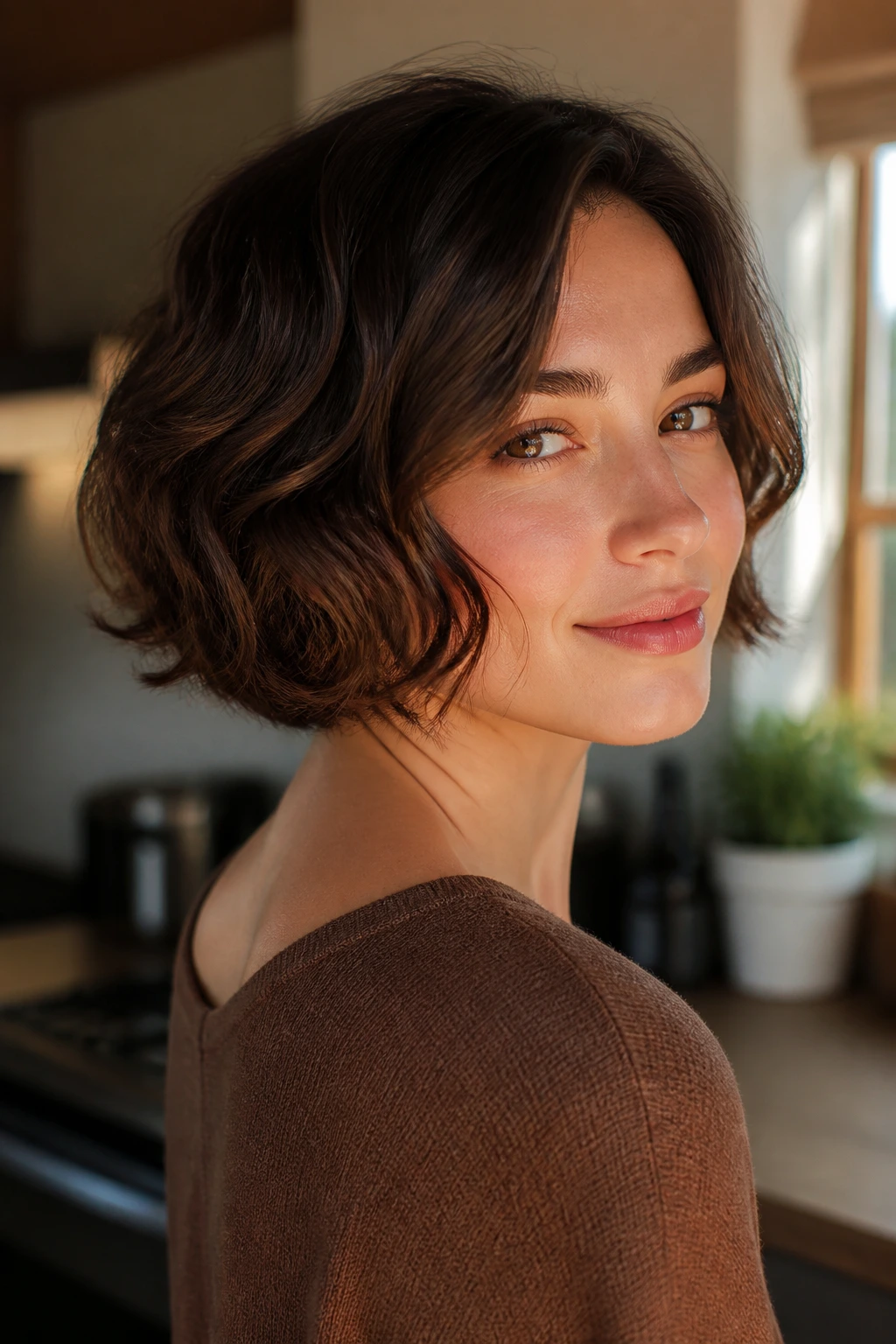 Close-up of a person wearing a rounded bob with soft waves.