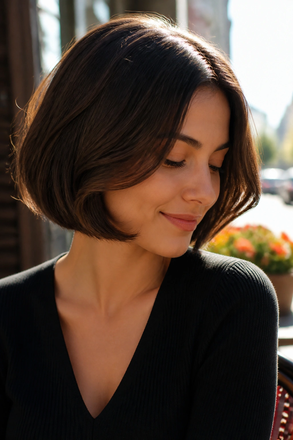 Real woman with rounded bob showing curved ends and soft silhouette on wavy hair.