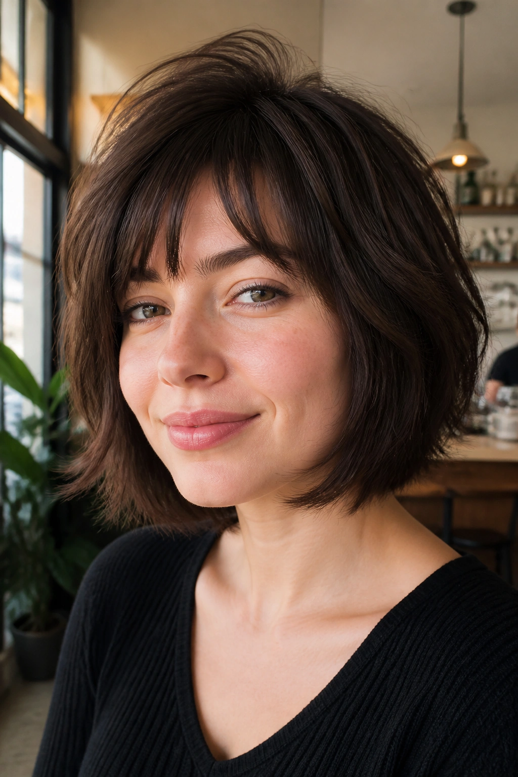 Real person with rounded bob-wolf hybrid hairstyle in cafe light