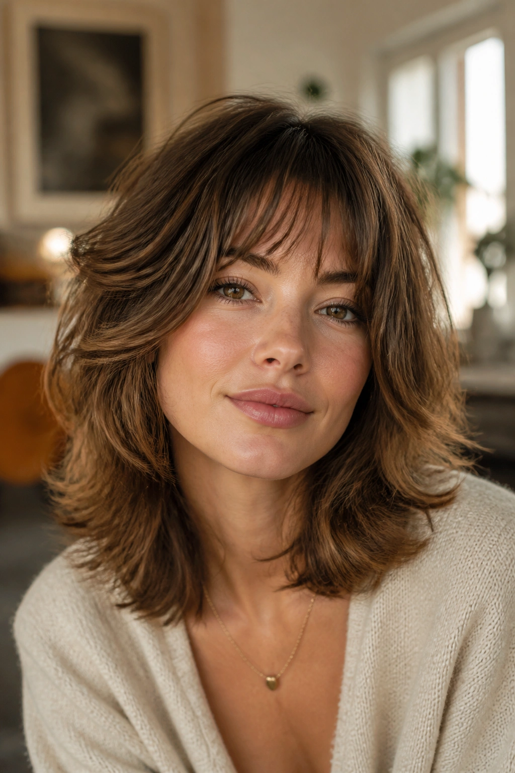 Close-up of a woman with rounded boho shag and a soft fringe, head-and-shoulders portrait.