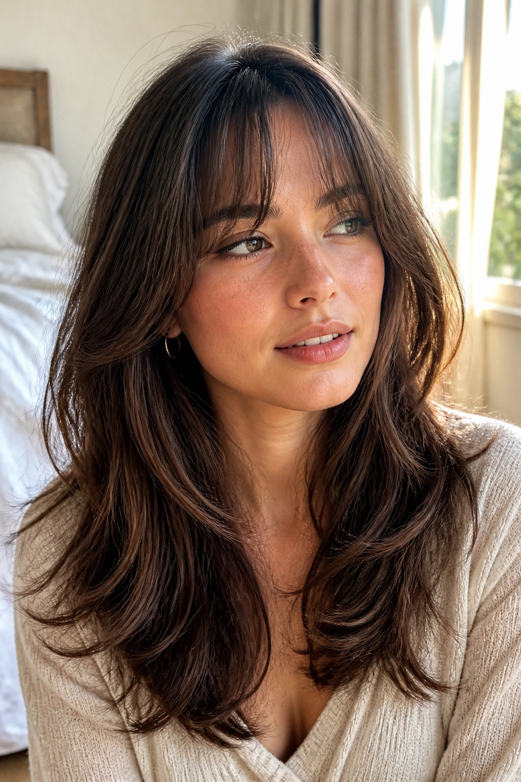 Close-up of brunette woman with rounded bottleneck bangs and butterfly layers