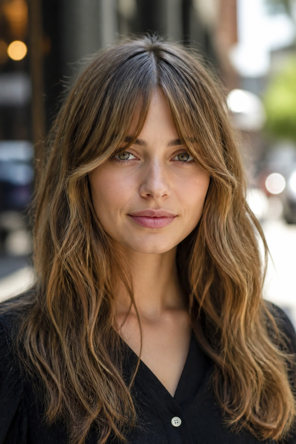 Close-up of real woman with rounded bottleneck fringe on city street