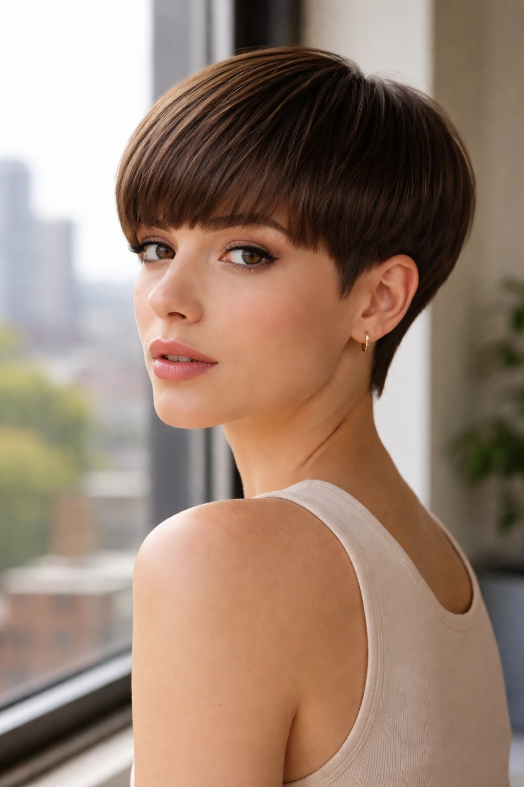 Close-up portrait of a real woman with a rounded bowl-cut pixie showing a curved perimeter around ears and nape