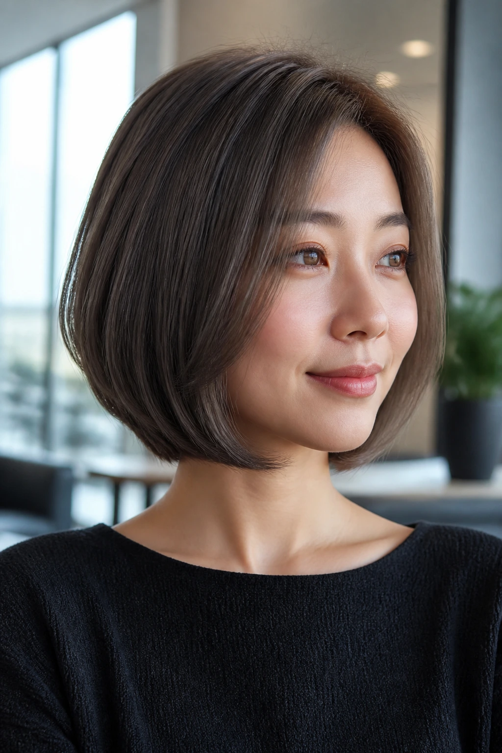 Portrait of a woman with rounded C-cut ash bob in office lobby lighting