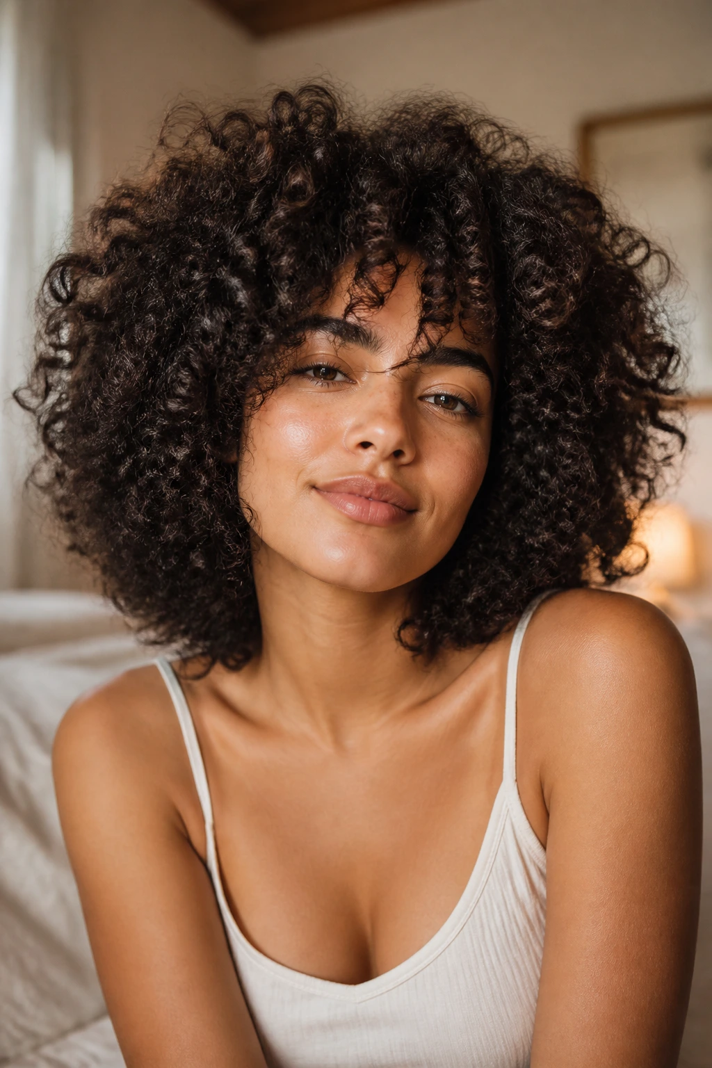 Close-up of a real woman with rounded cloud curls, lifted roots and plush ends in warm natural light