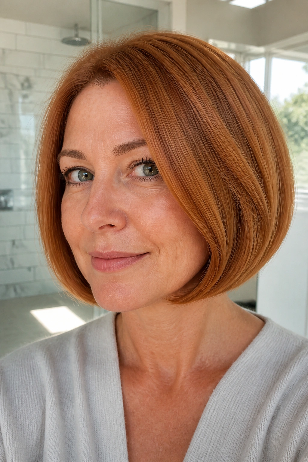 Real person displaying a rounded copper bob with tucked ends in bright light