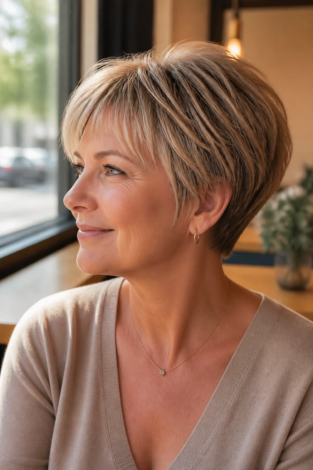 Woman with a rounded crop hairstyle in a sunlit cafe setting.