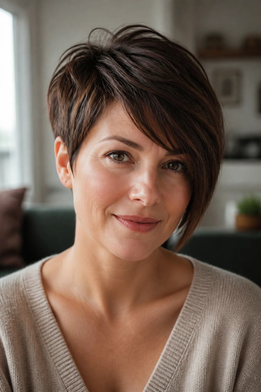 Real woman close-up with rounded crop and asymmetrical front edge, soft crown texture