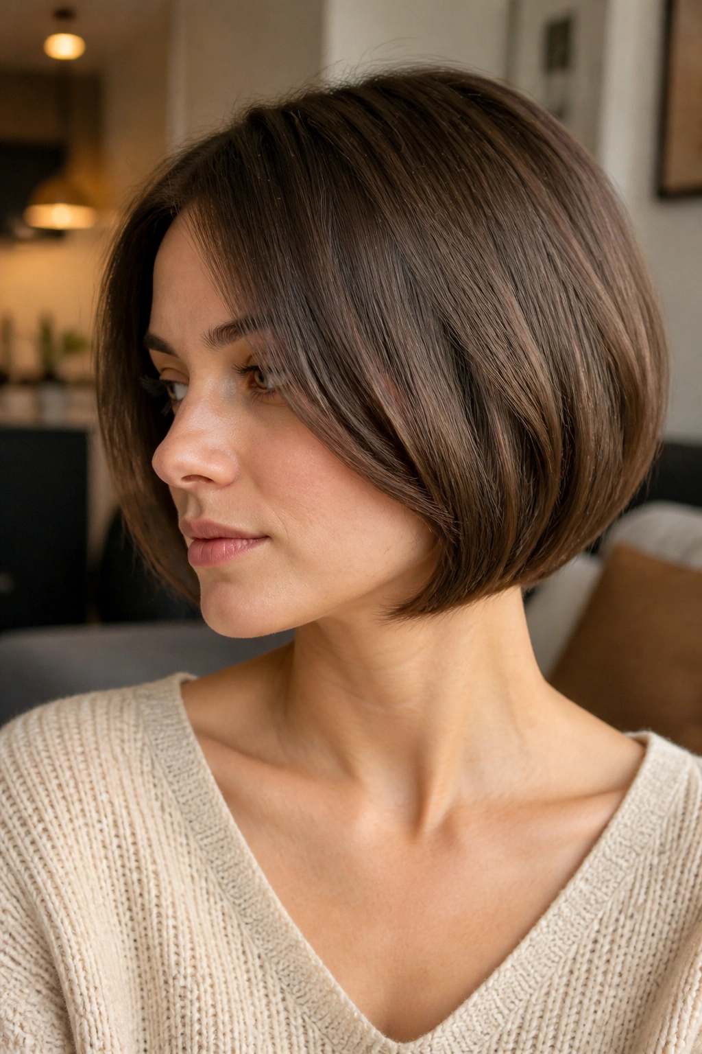 Close-up of real person with rounded crop and tucked ends in a cozy interior.