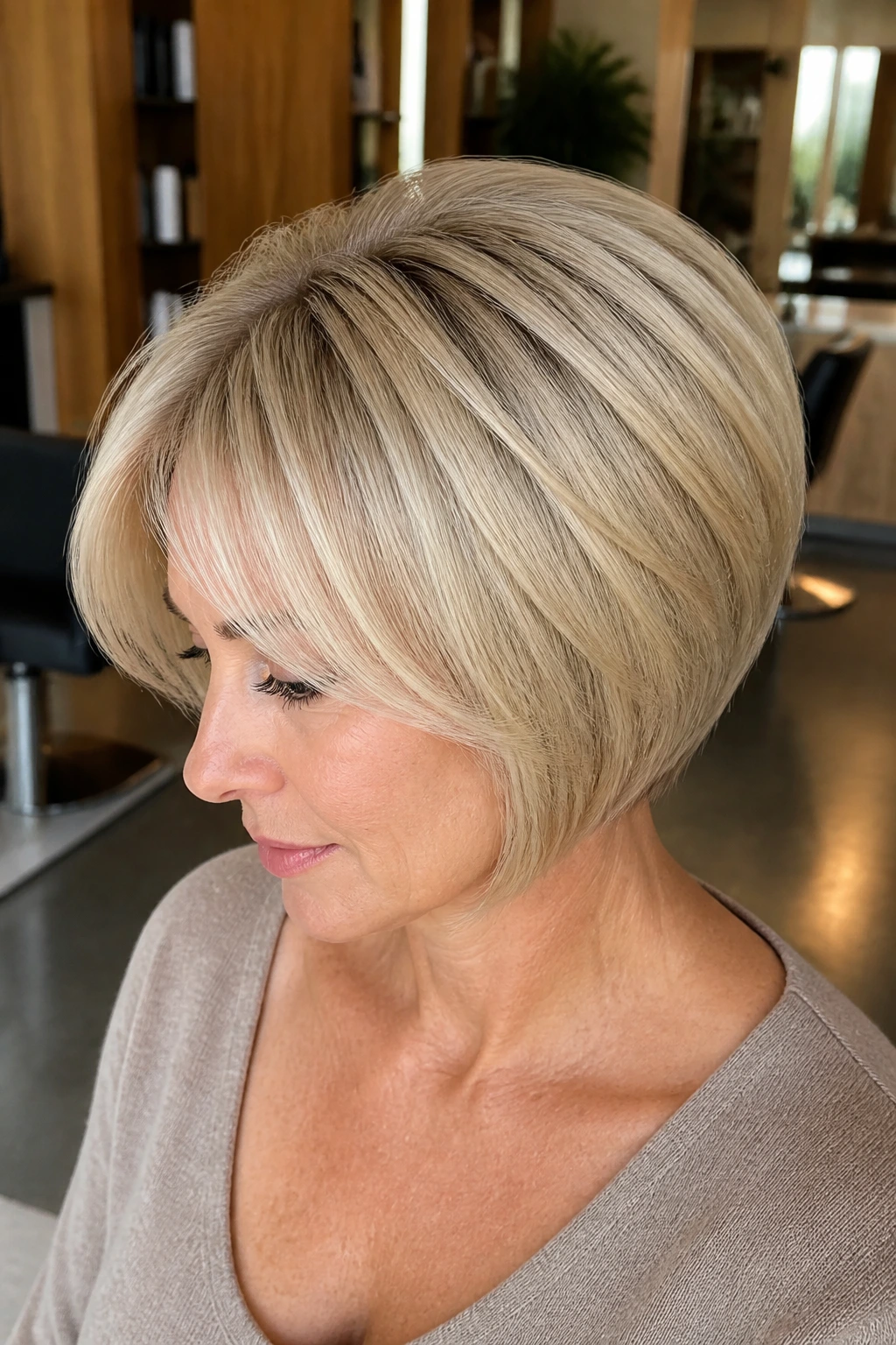 Real woman with bright beige blonde bob and rounded crown lift seen from 3/4 view