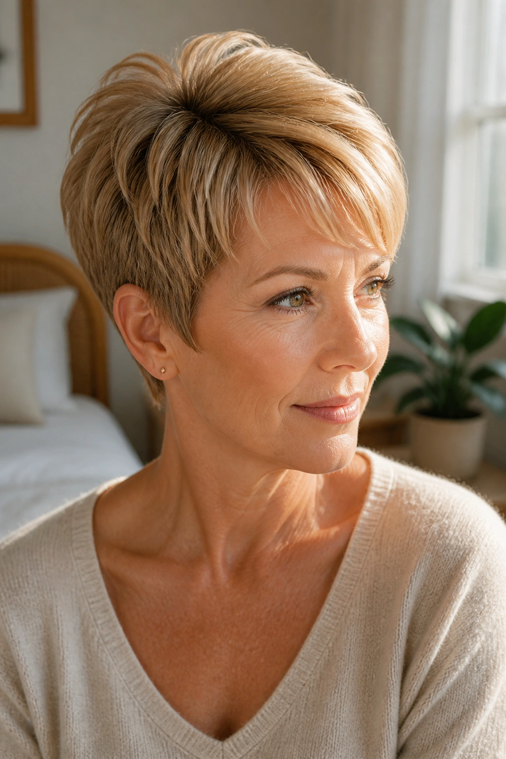 Close-up portrait of a woman with rounded crown pixie and lift at the crown in honey blonde