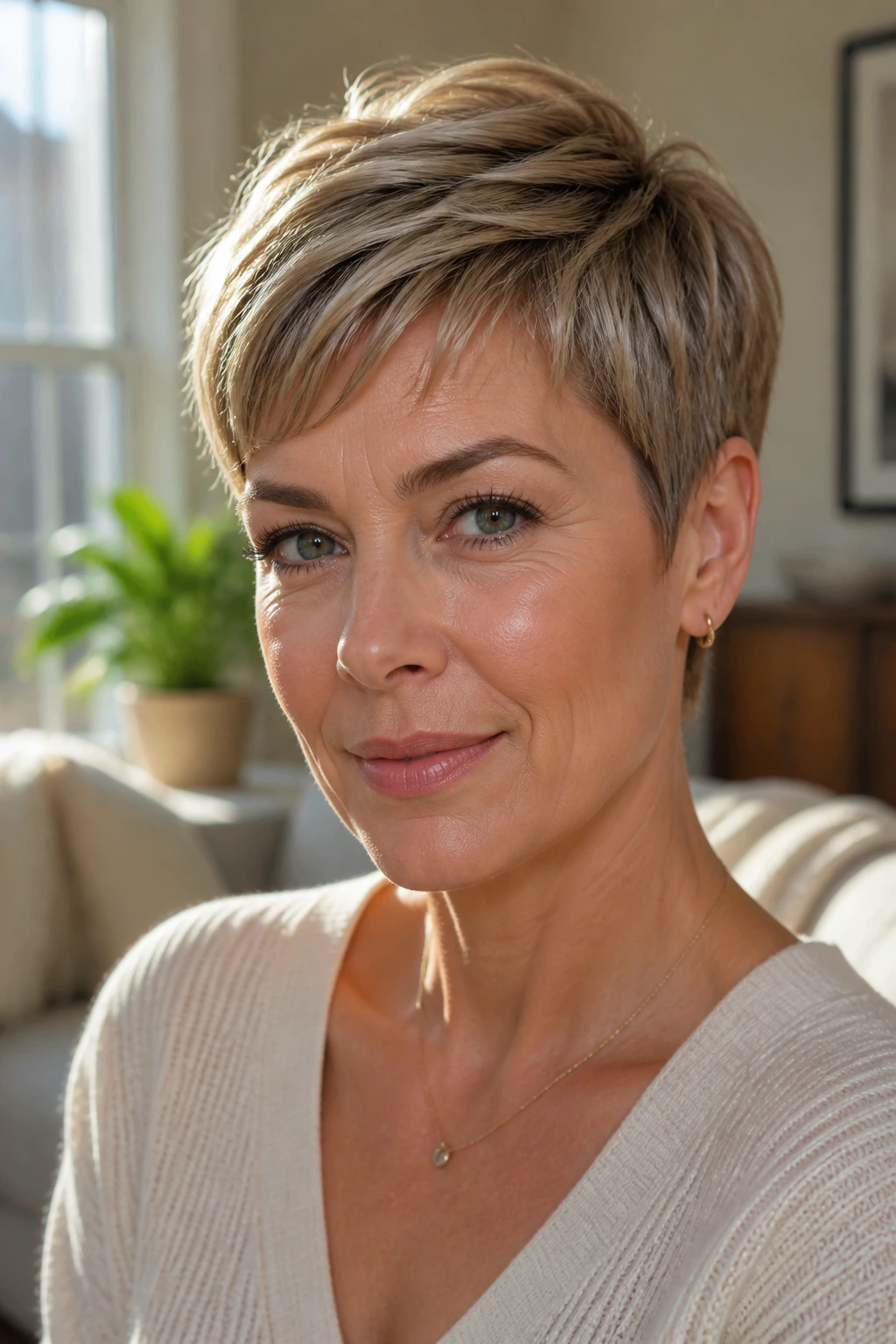 Close-up of a real woman with Rounded Crown Pixie under warm window light