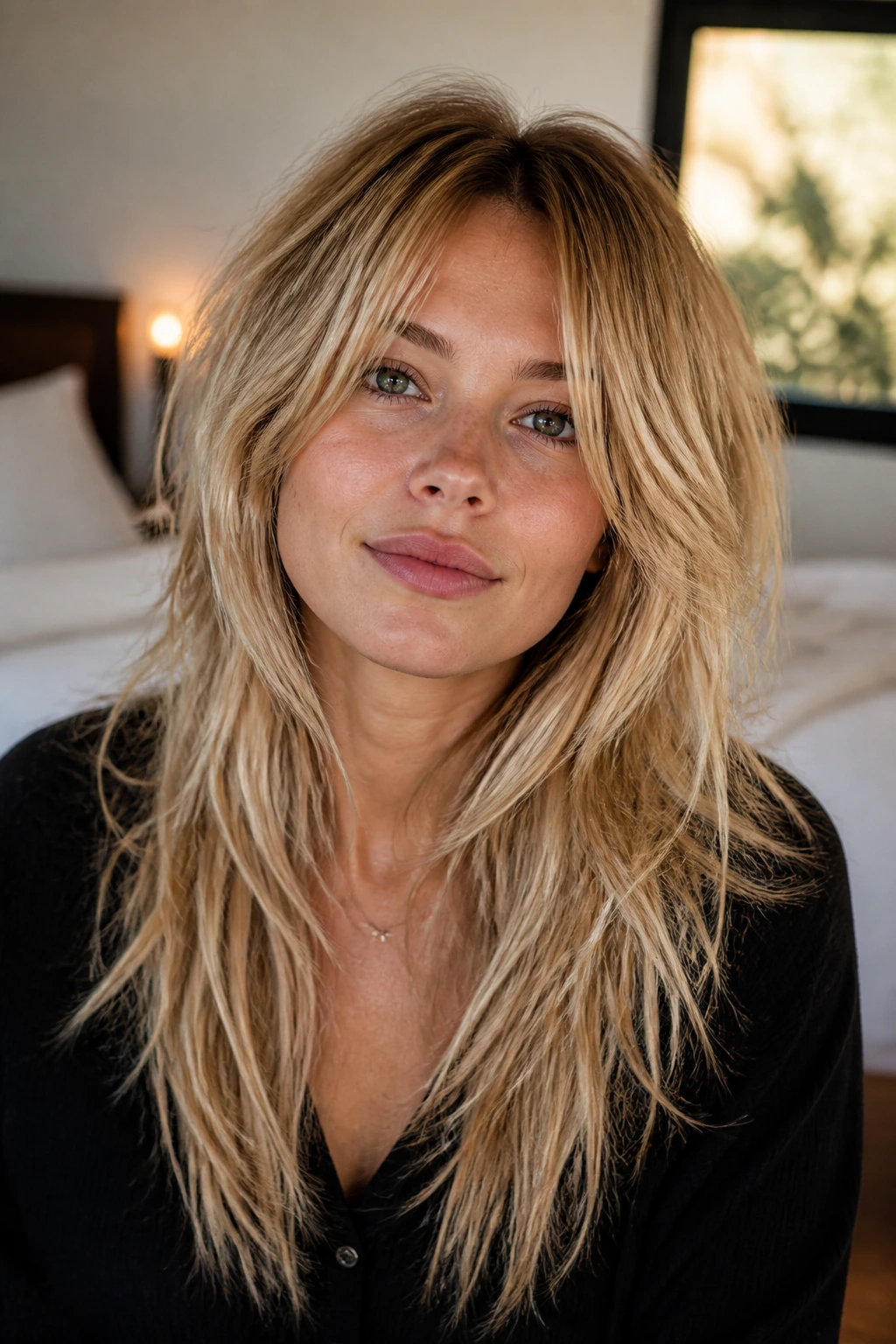 Close-up portrait of a real person with rounded crown long perimeter blond shag