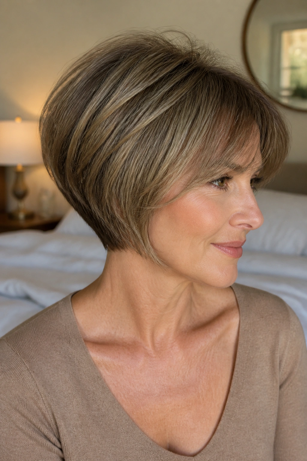 Close-up portrait of a real woman with Rounded Crown Stack for Fine Hair hairstyle.