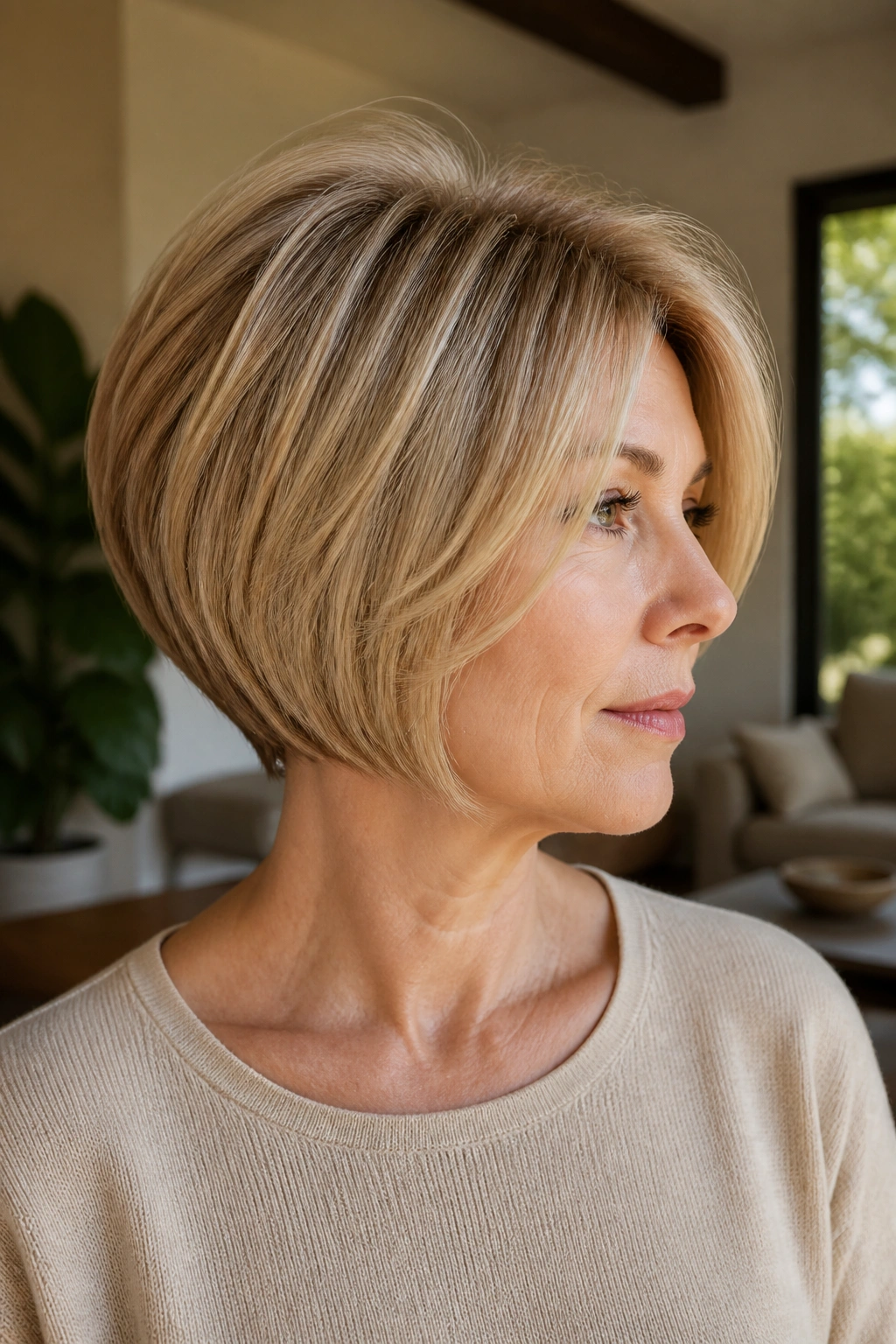 Close-up portrait of a real woman with rounded crown stacked bob and lifted top